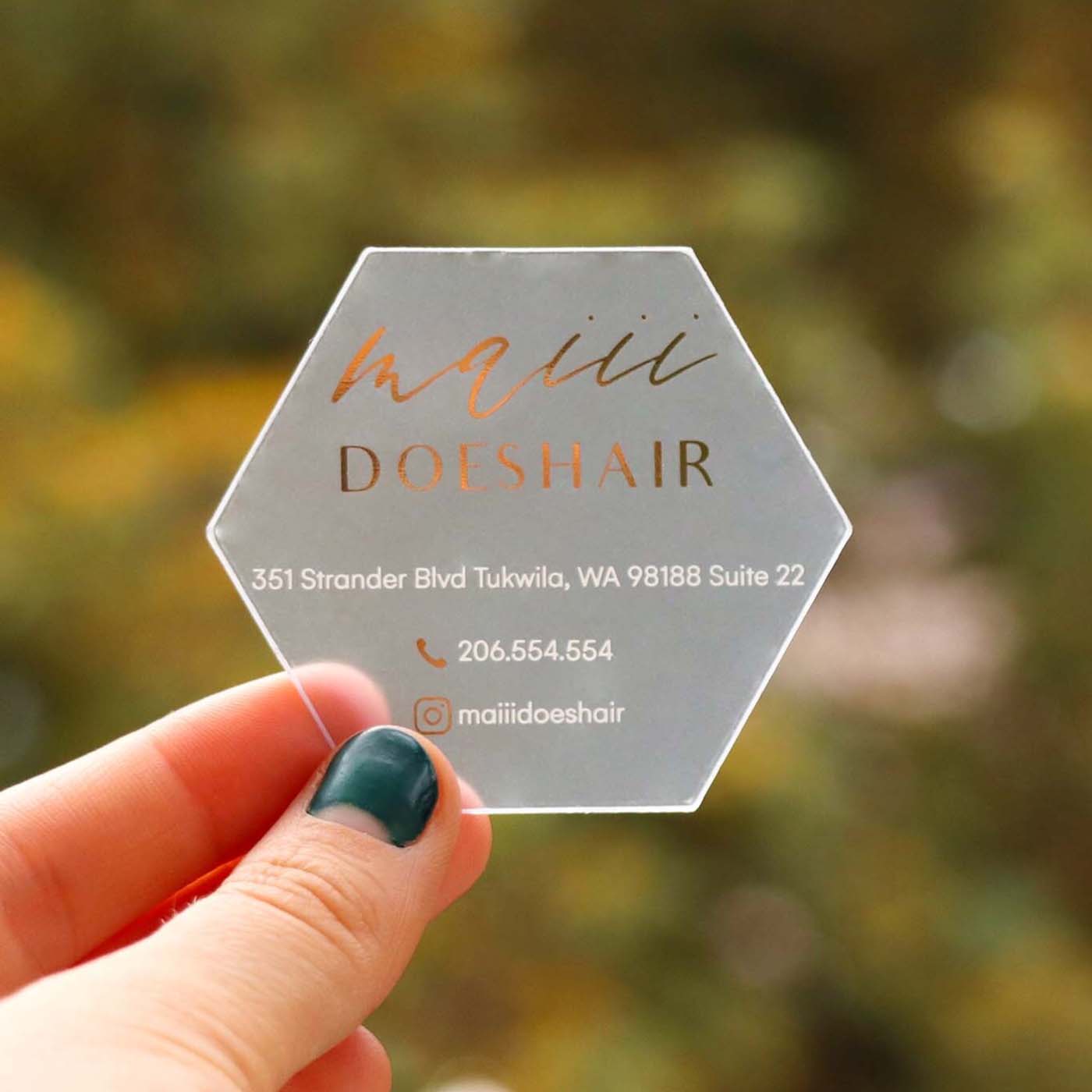 Hexagon Custom Shaped Business cards | Foil Stamped Frosted Plastic BcardsCreation