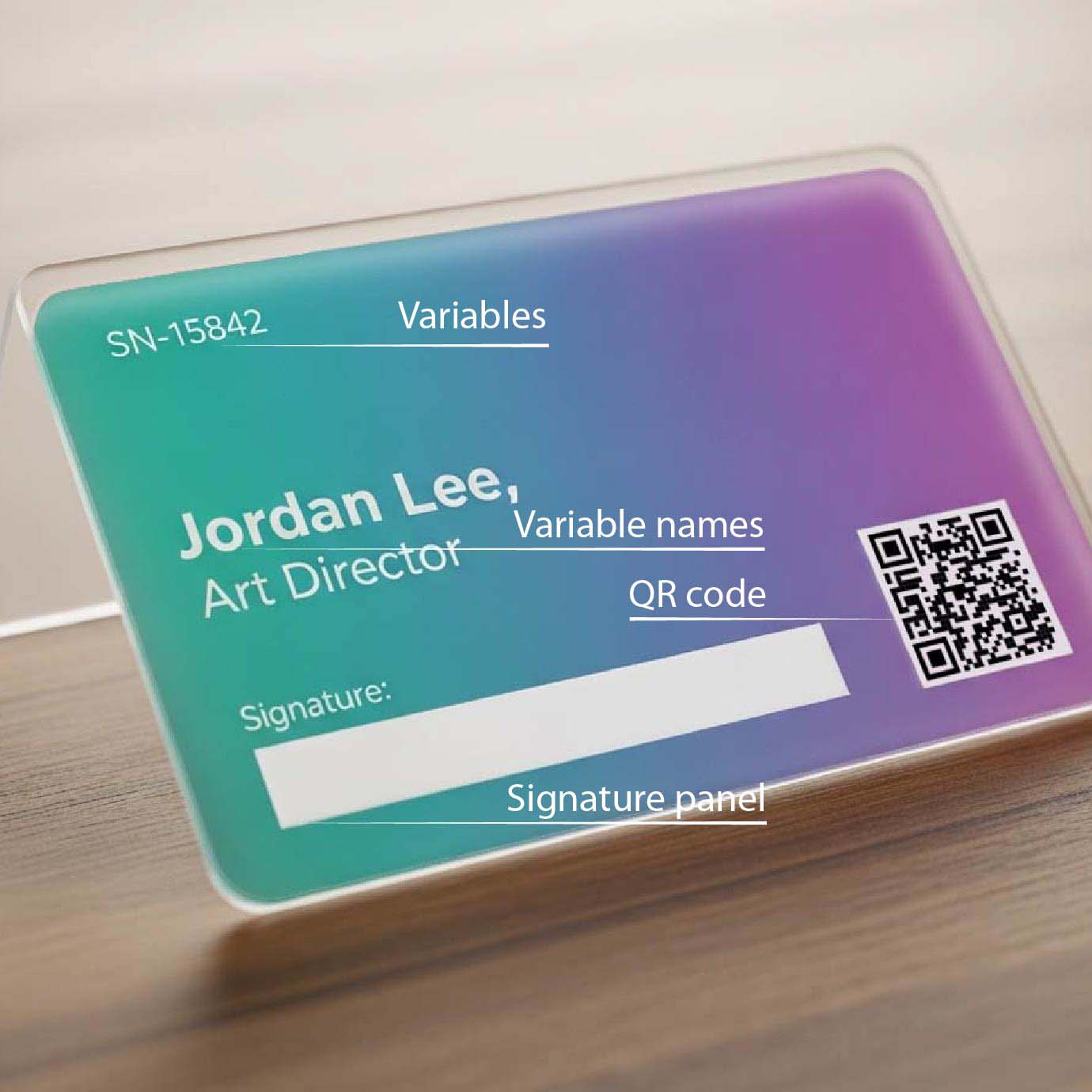 Name tag with QR code and text on a transparent business card