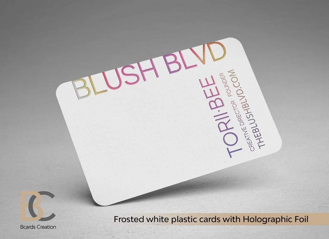 Frosted White plastic, 1-3 foils, PVC Plastic Business Card, Real Gold Silver Holographic Foil Stamping - BcardsCreation