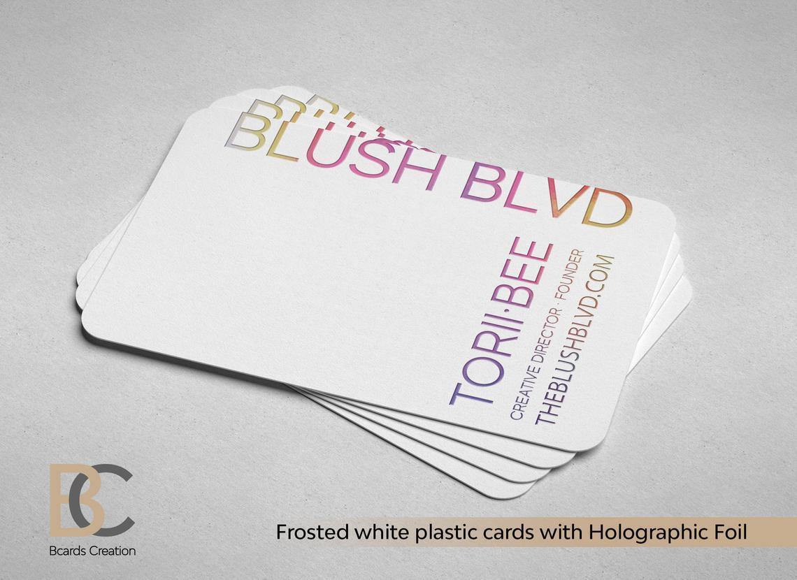 Frosted White plastic, 1-3 foils, PVC Plastic Business Card, Real Gold Silver Holographic Foil Stamping - BcardsCreation