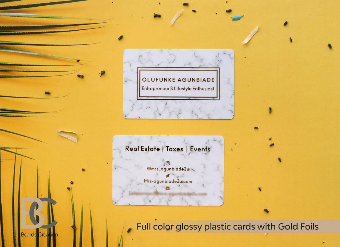 Marble Glossy Plastic Business Card for Real Estate agent, Event Creator, Entrepreneur with Real Gold Foil - BcardsCreation
