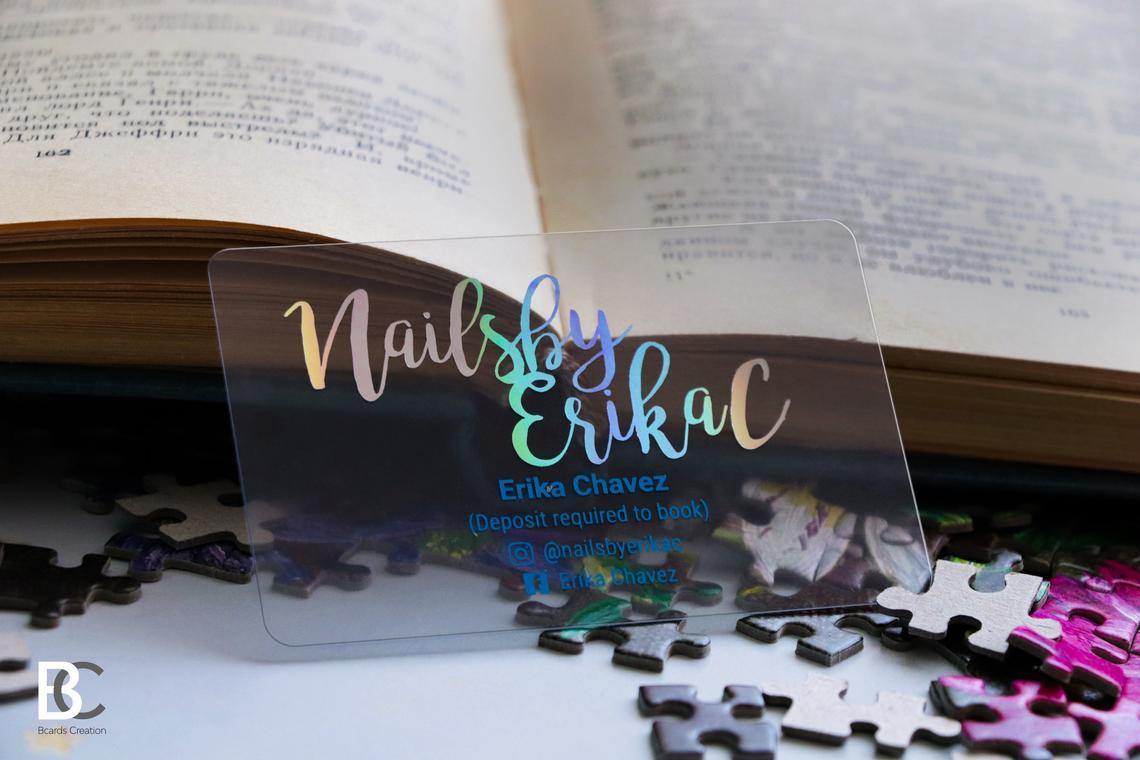 Holographic Neon Business card. Clear Transparent Plastic Business Cards, 1-3 Foils,, custom - BcardsCreation