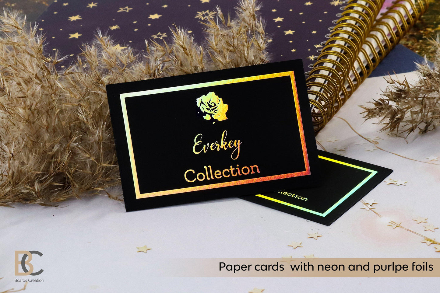 Fine Paper Double layered Business Card with Neon and Purple Foils, Thick Colored Paper Holographic Unique Business Cards - BcardsCreation