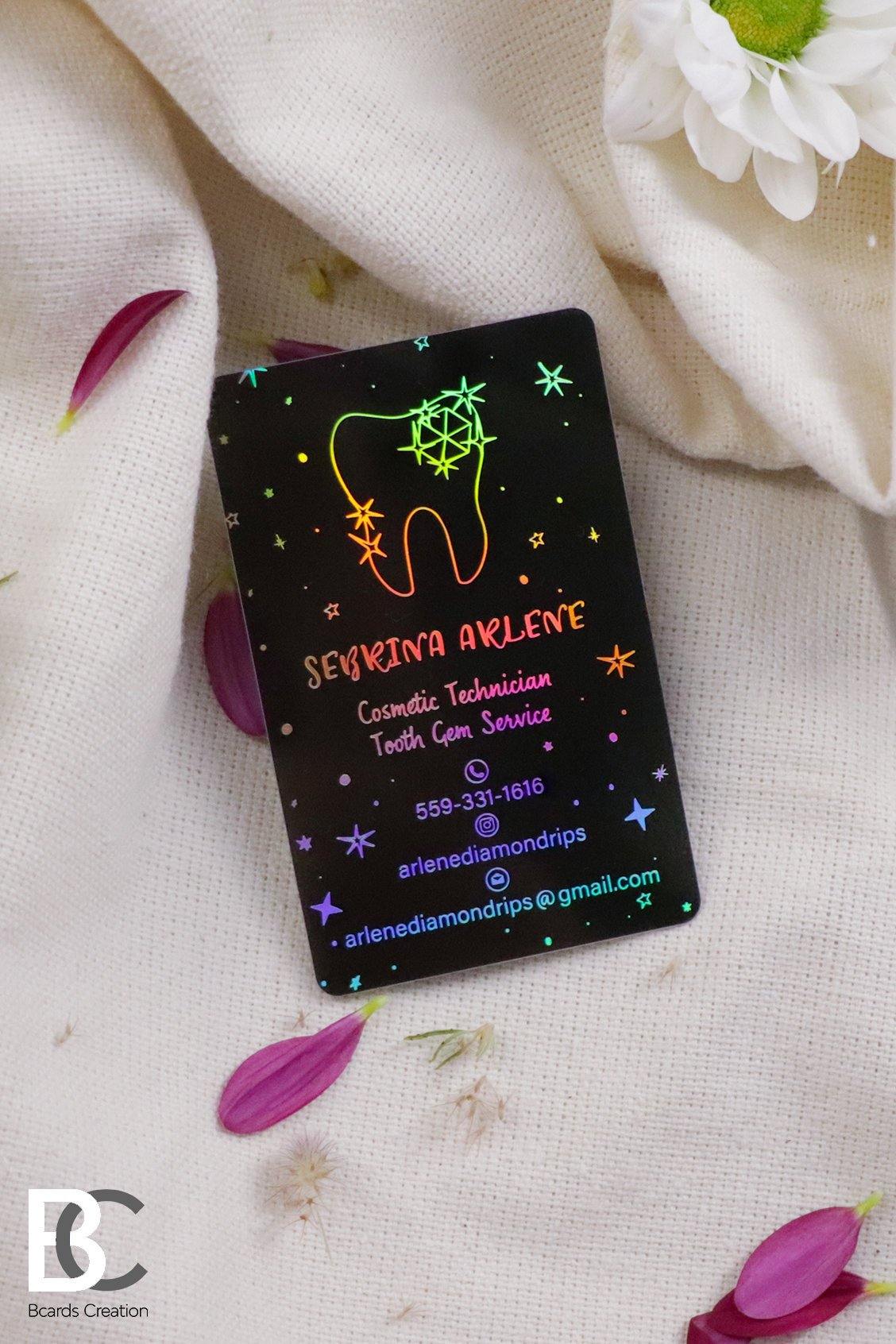 Colored Translucent Plastic Business Cards with Holographic Foil Gold, Neon, Silver Foils, black card, tint gradient - BcardsCreation