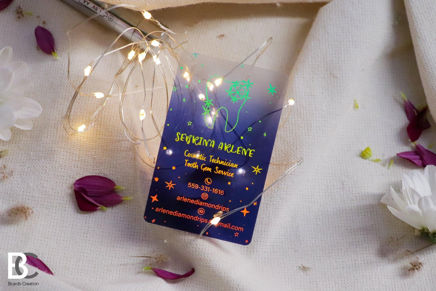 Colored Translucent Plastic Business Cards with Holographic Foil Gold, Neon, Silver Foils, black card, tint gradient - BcardsCreation