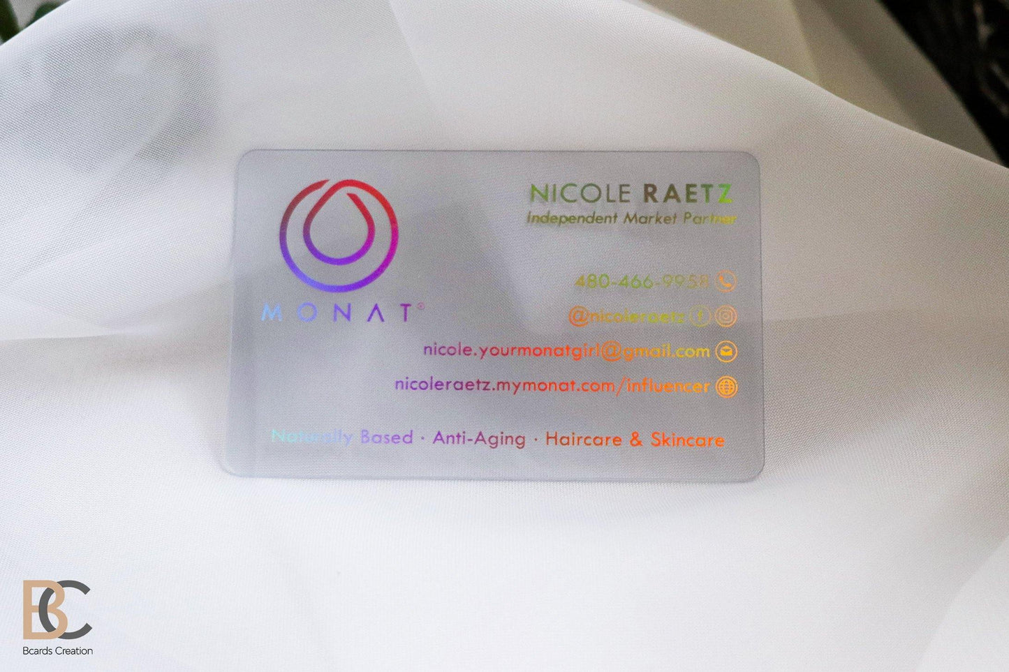 MONAT LOGO Clear Business card with Holographic gold, Neon foil. Glossy Transparent Plastic Business Cards, 1-3 Foils - BcardsCreation