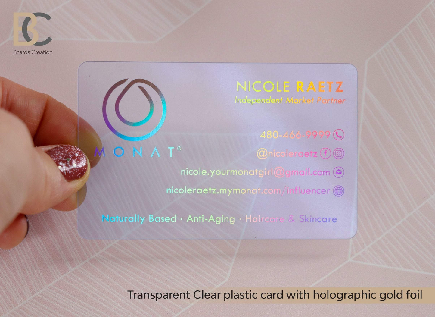 MONAT LOGO Clear Business card with Holographic gold, Neon foil. Glossy Transparent Plastic Business Cards, 1-3 Foils - BcardsCreation