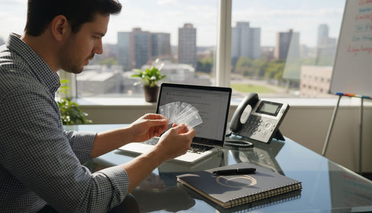 Professional examining clear plastic business cards