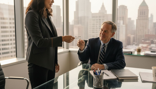 Executives exchanging plastic business cards in office
