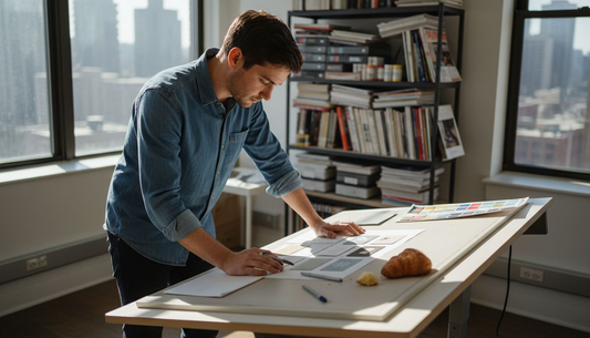Designer examining business card mockups in office