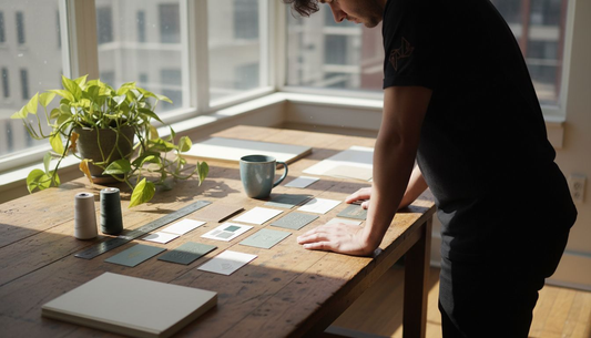 Designer arranges custom business cards workspace