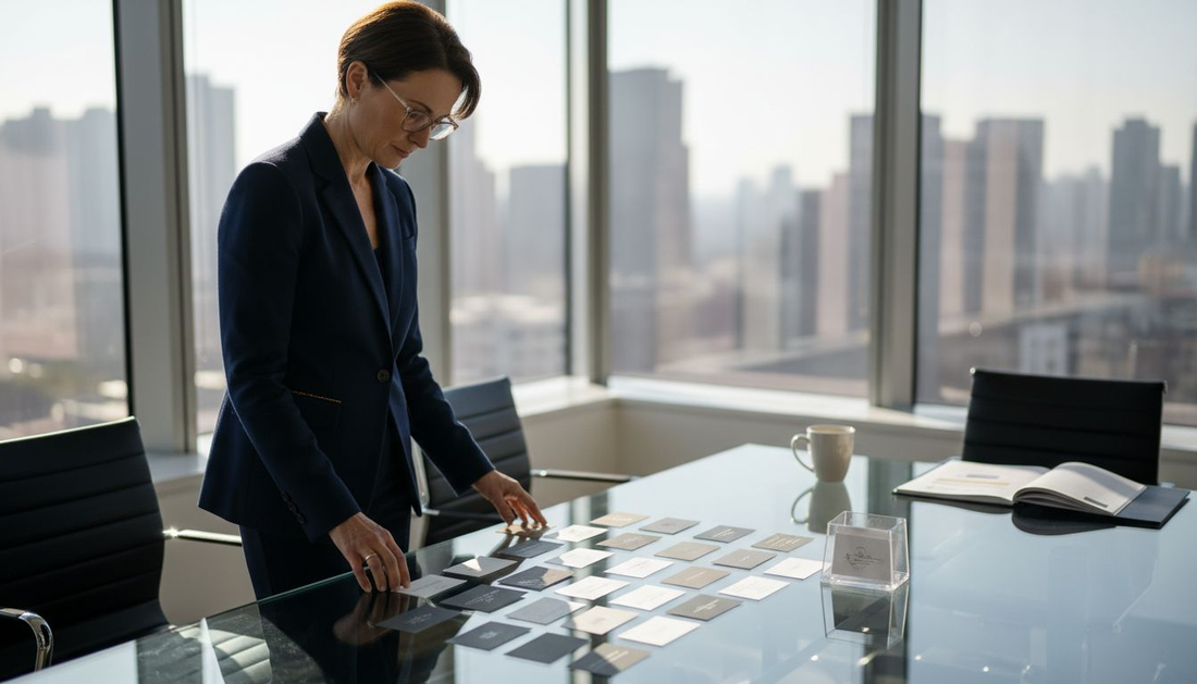 Executive examines premium business cards in office