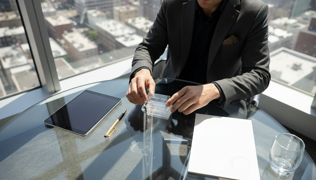 Consultant presenting clear business cards in office