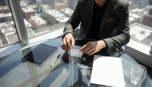 Consultant presenting clear business cards in office