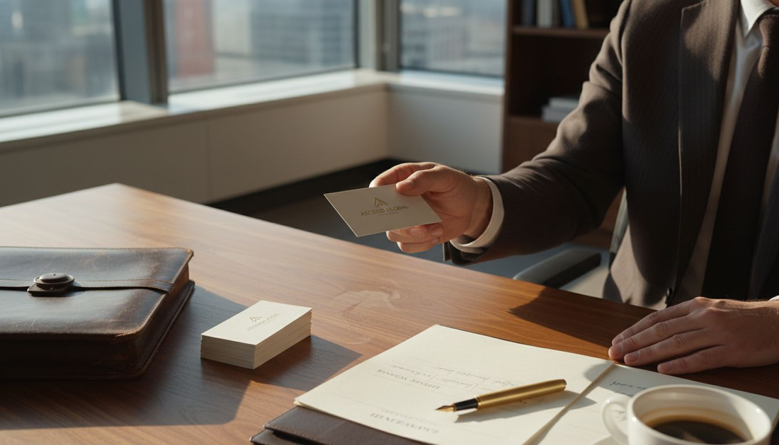 Luxury brand business card presented on executive desk