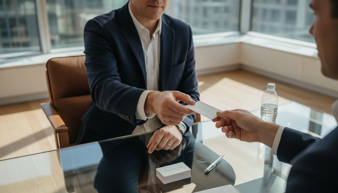 Executive offering business card in bright corner office