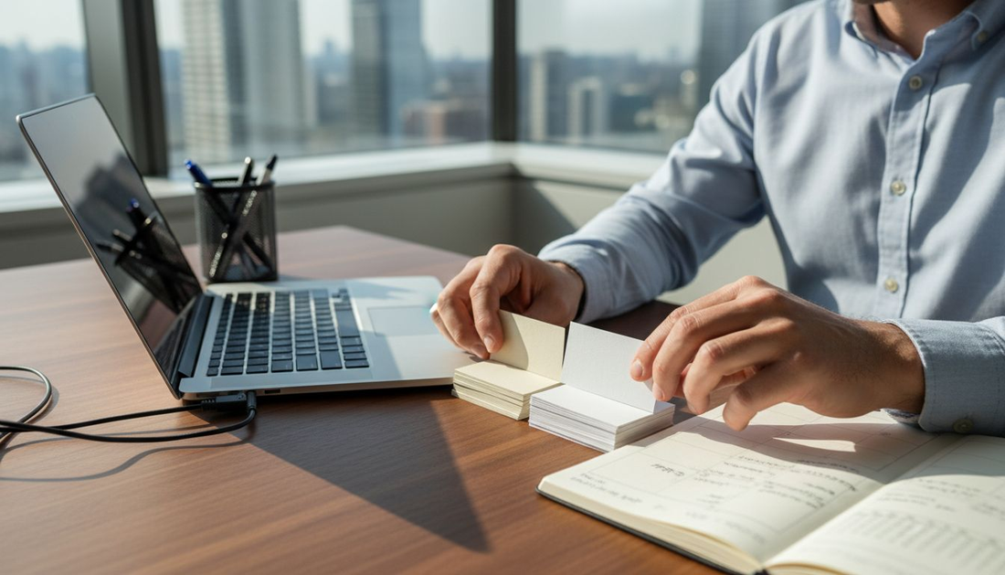 Business cards on desk near laptop