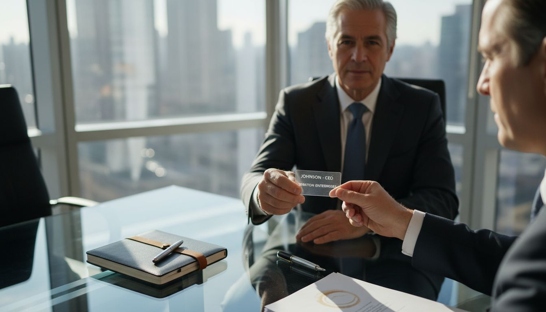 Executive handing clear plastic card in luxury office