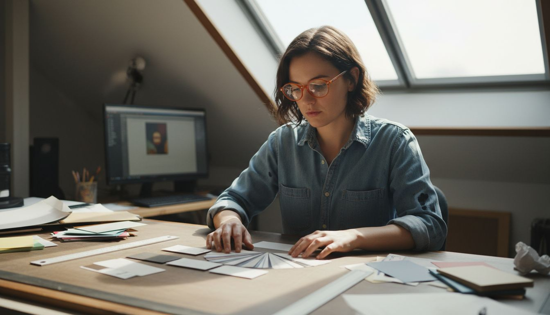 Designer reviewing colorful business card samples