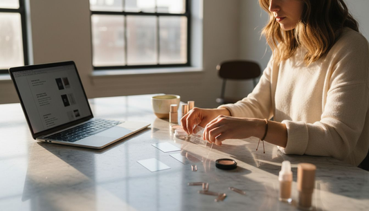 Consultant arranging clear plastic beauty cards