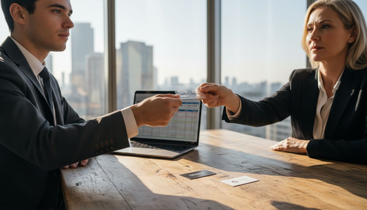 Handing plastic business card in modern office