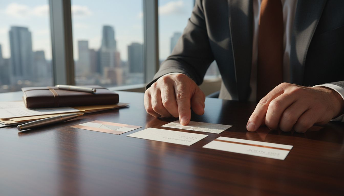 Executive reviews luxury business card formats on desk