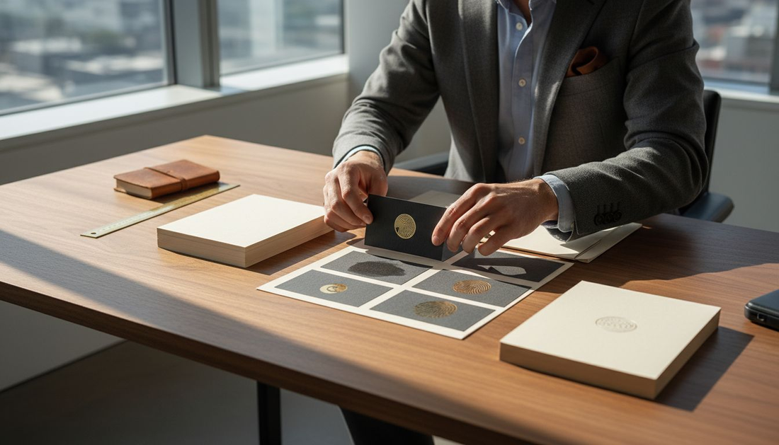 Designer arranging luxury business cards in office