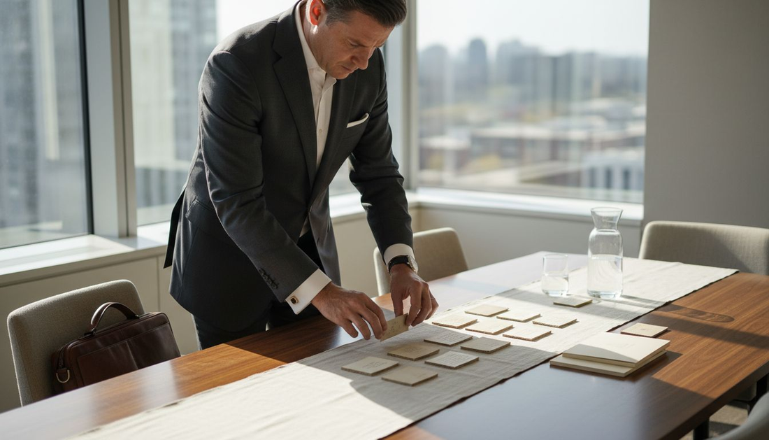 Executive arranges premium business cards in office