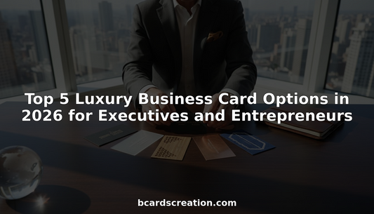 Executive arranging luxury business cards at corner office desk