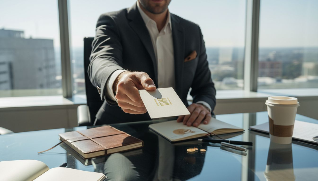 Man presenting luxury business card in office