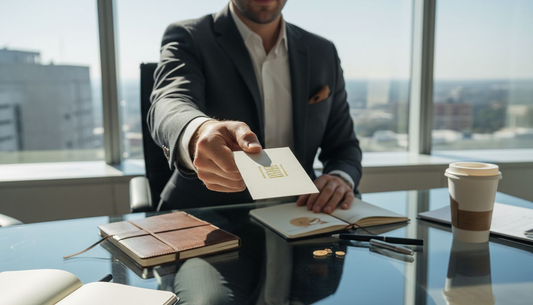 Man presenting luxury business card in office