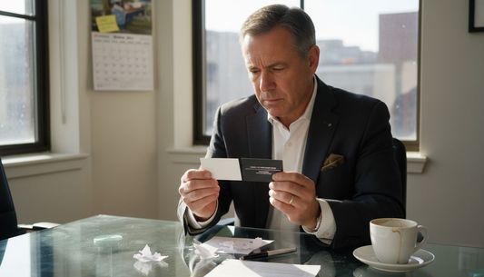 Professional comparing business card samples at desk