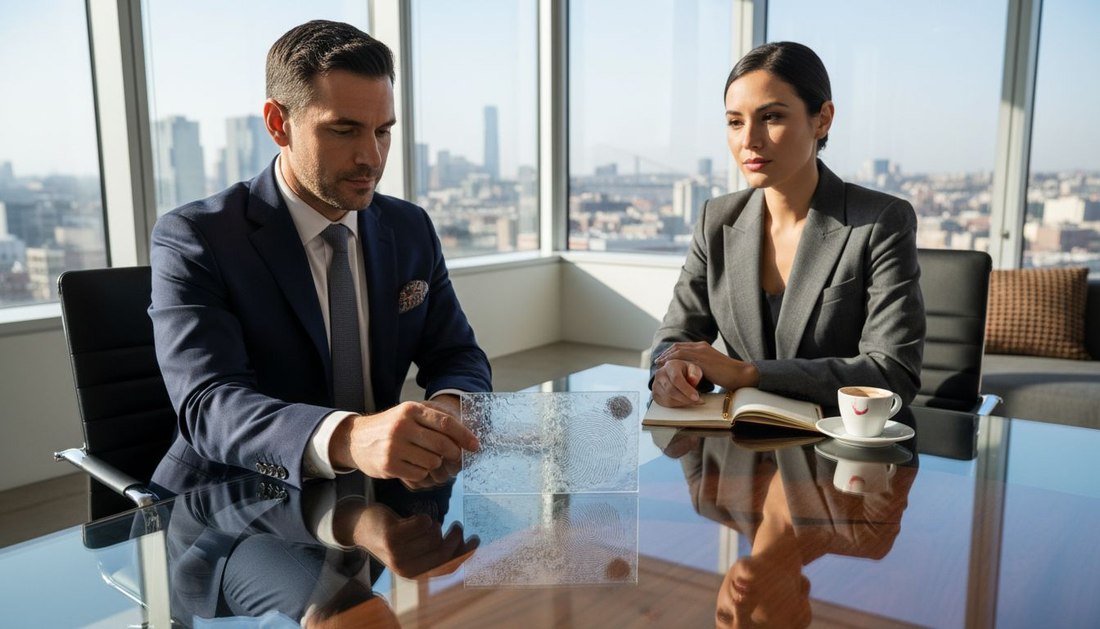 Luxury business card handed across glass table