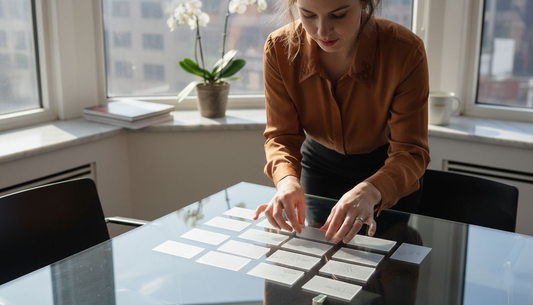 Director arranging luxury frosted business cards