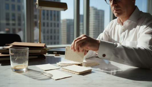 Director arranging luxury business cards on marble table
