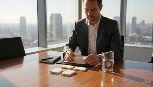 Executive examining luxury business cards in office