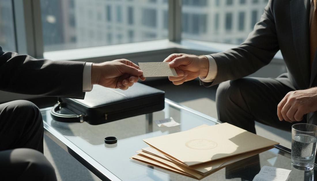 Executive handing luxury business card in office