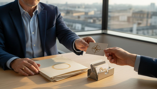 Professional exchanging unique business card in office