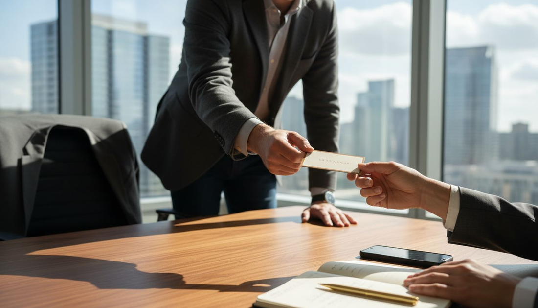 Professional exchanging luxury business card in office