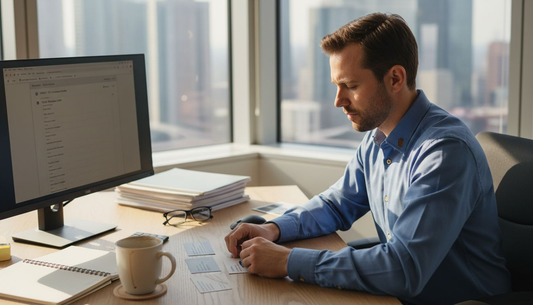 Manager deciding on business card at office desk