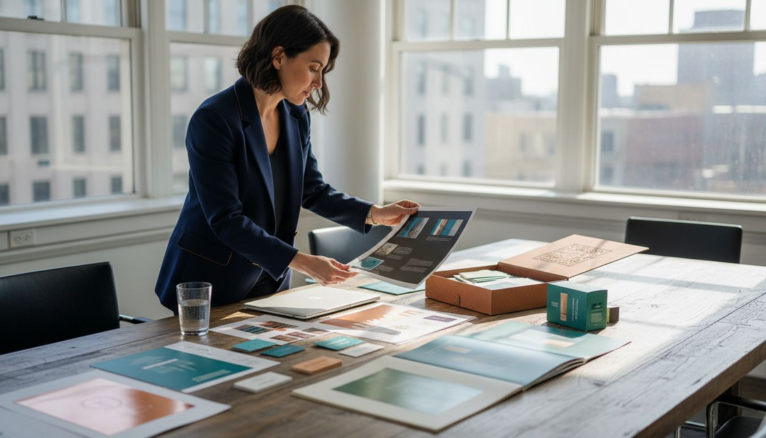 Brand director reviewing printed marketing collateral