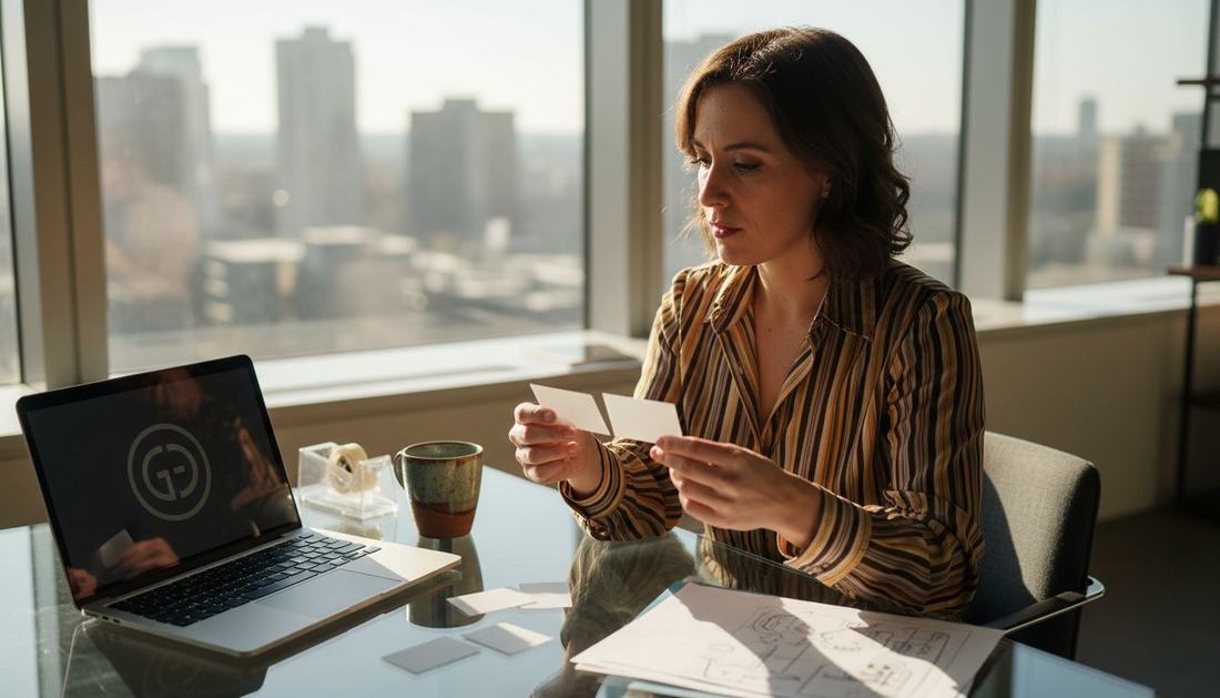 Designer reviewing translucent business cards desk