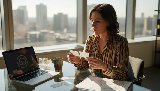 Designer reviewing translucent business cards desk