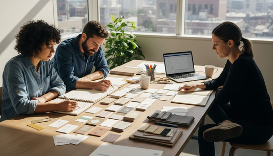Team designing business cards in office