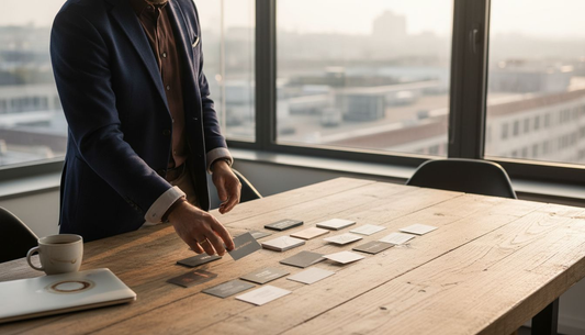 Brand consultant reviews business card designs