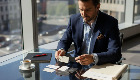 Client examining designer business cards at conference table