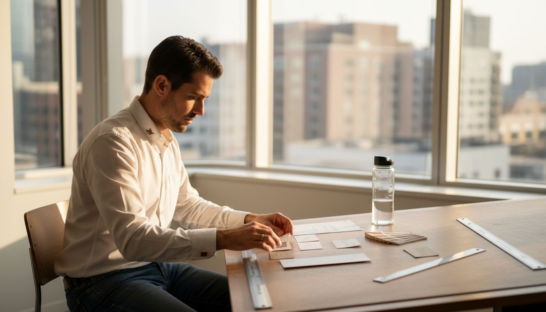 Designer reviewing business card designs in office
