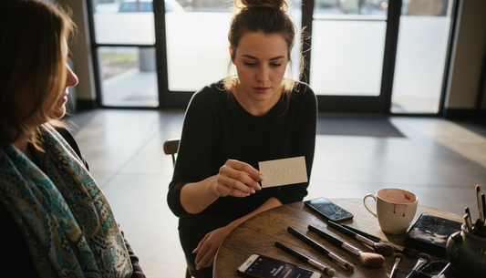 Beauty stylist handing business card to client