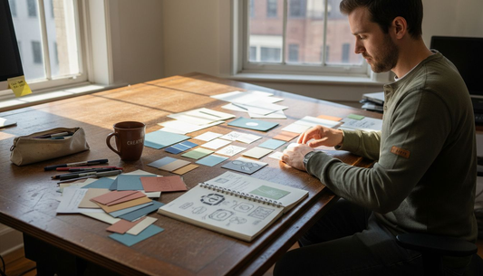 Designer arranging business card samples in office