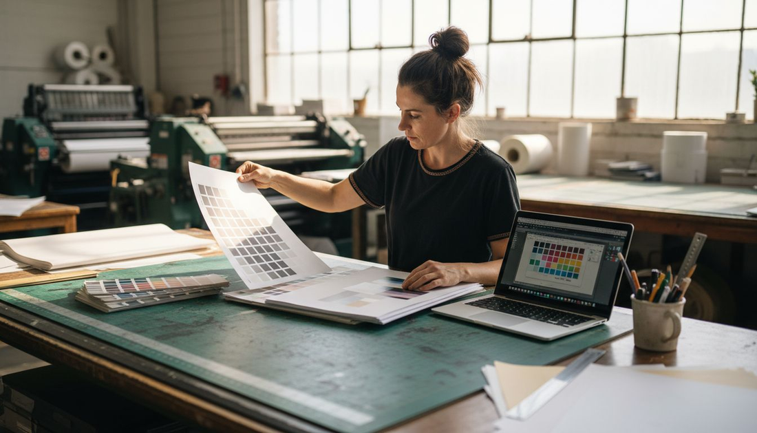 Designer reviews print proof at cluttered table